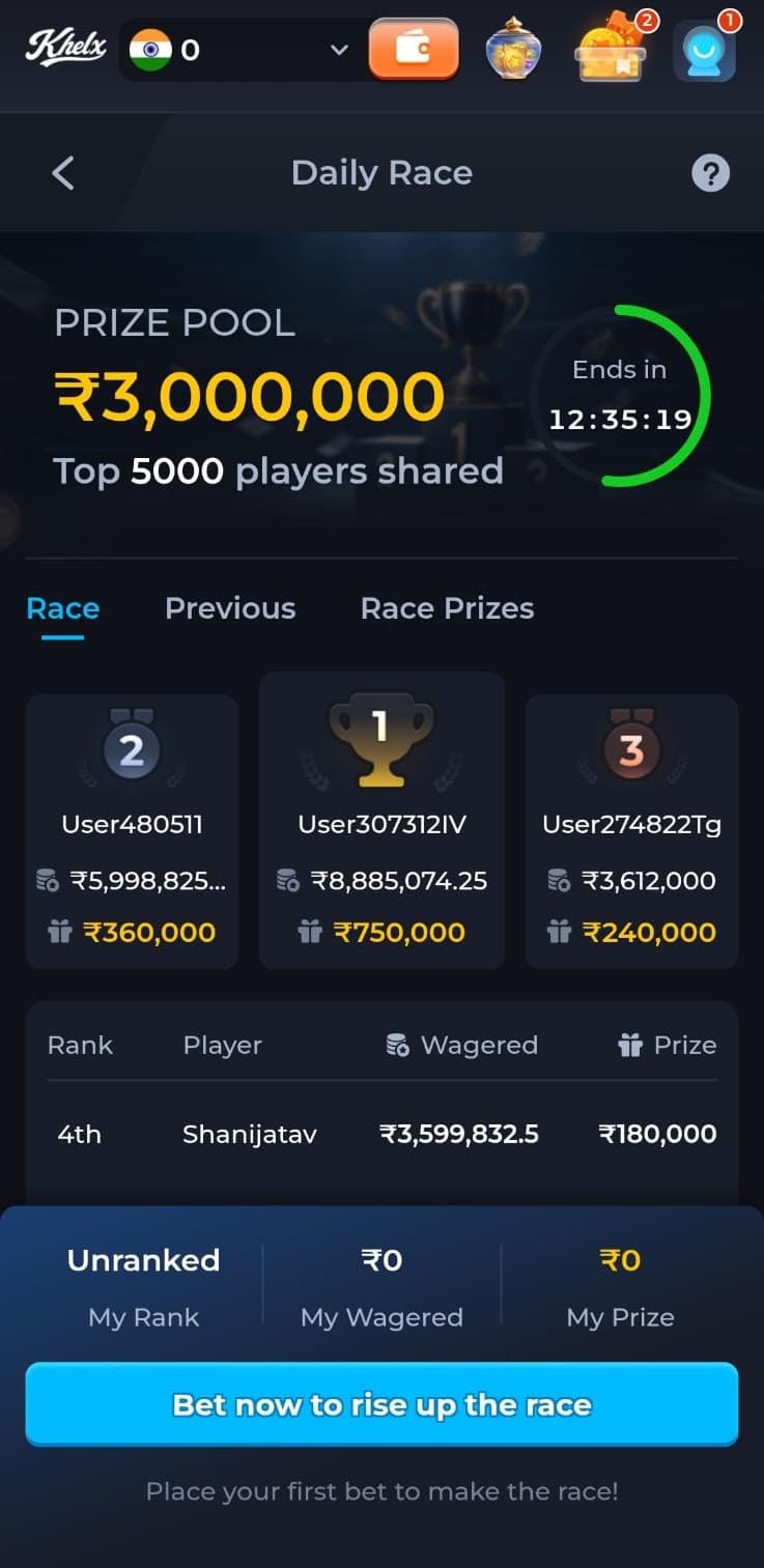 Khelx Game Daily Race screen showing prize pool, player rankings and race rewards
